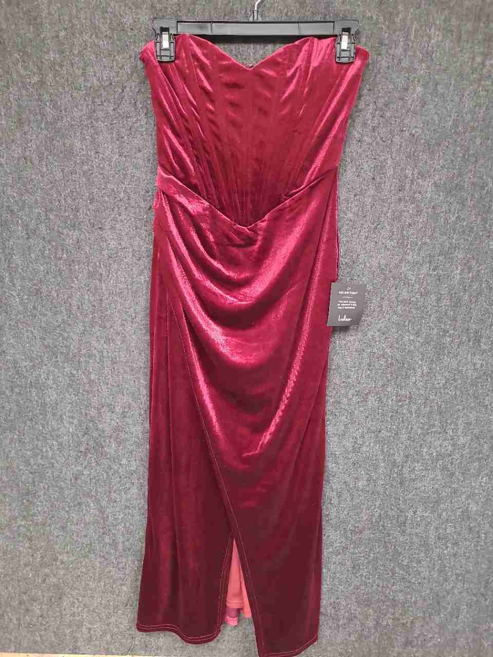 Lulus Women's Burgundy Velvet Strapless Corset Drape Slit Midi Dress NWT Sz S