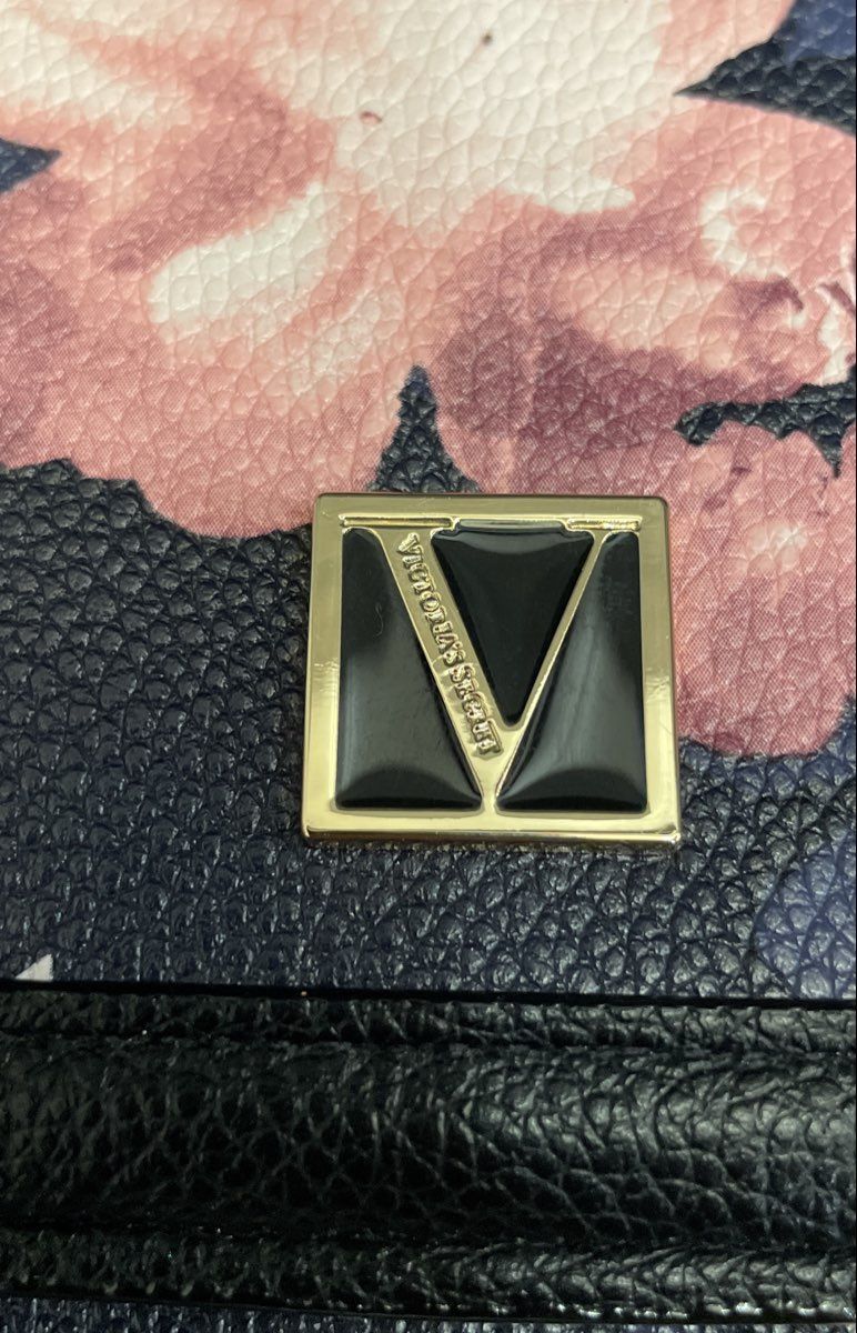 Victoria's Secret Black Pink Floral Leather Wristlet Wallet Clutch V Logo