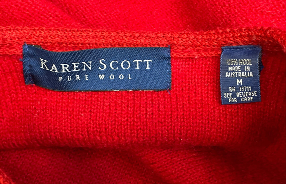 Vintage 90s Karen Scott Women's Red Pure Wool Cardigan Gold Crest Buttons Sz M