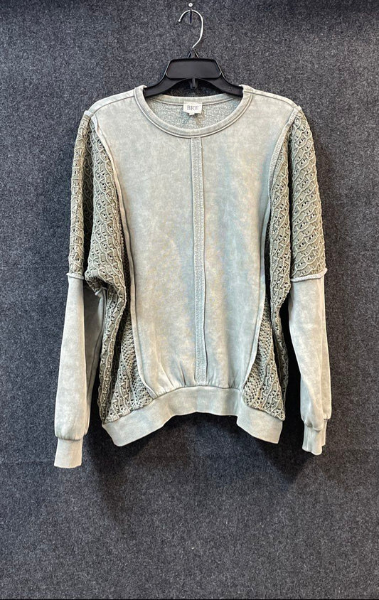 BKE Women's Dusty Olive Crochet Knit Mixed Media Crewneck Sweater Sz S NWT