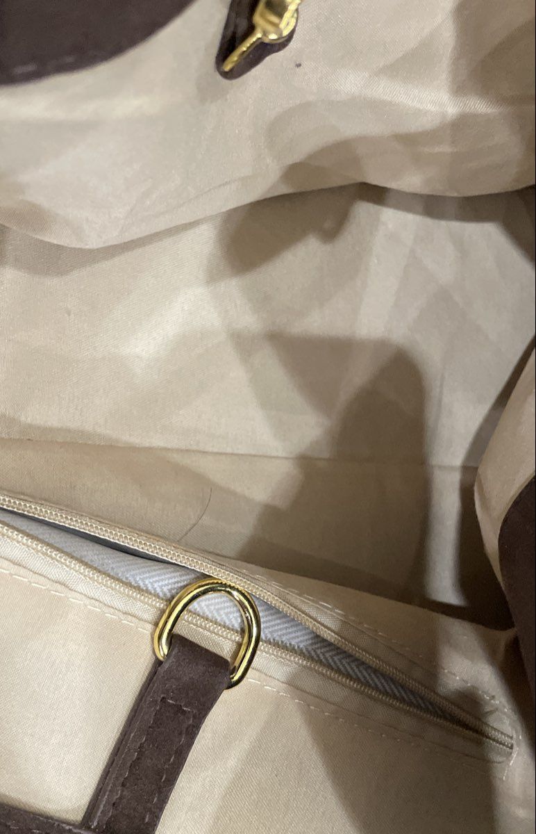 Brown Faux Suede Large Satchel Tote Handbag Gold Tone Hardware
