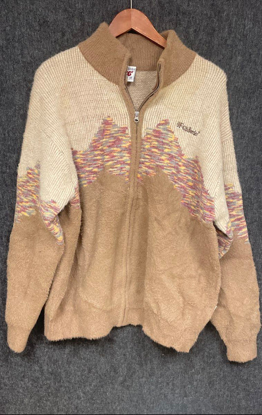 F426 Border Women's Full Zip Sweater Cardigan Tan Beige Fuzzy Mock Neck Geo M