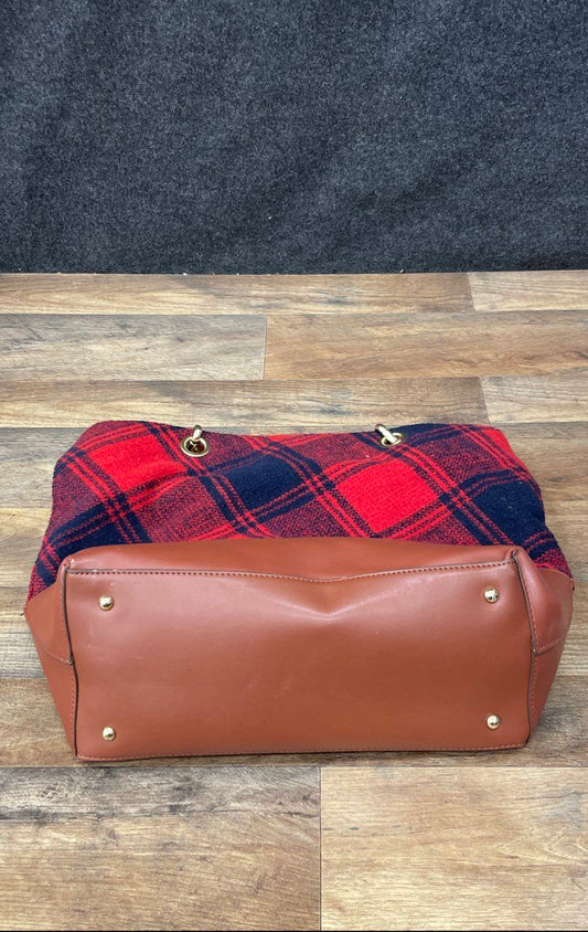 Emma Fox Red Navy Plaid Wool Tote Bag Brown Leather Base Gold Hardware