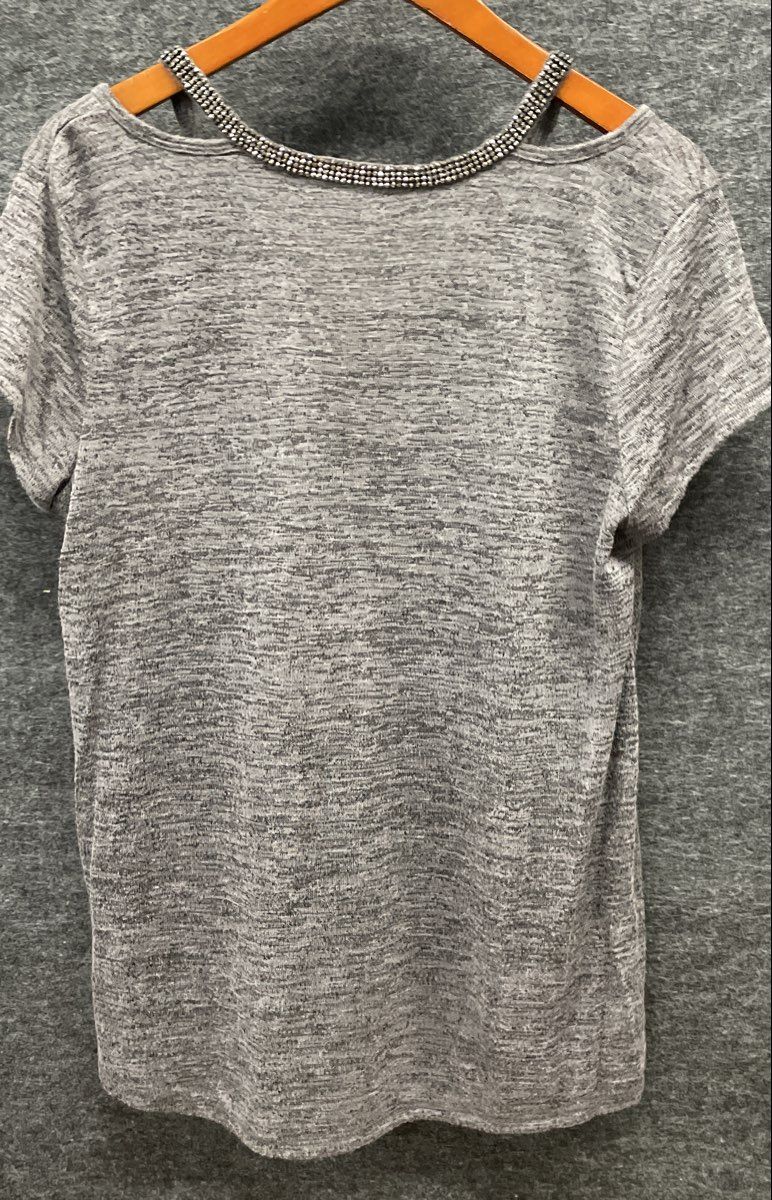 Juicy Couture Women's Grey V-Neck Shirt Embellished Cold Shoulder Heathered Sz L