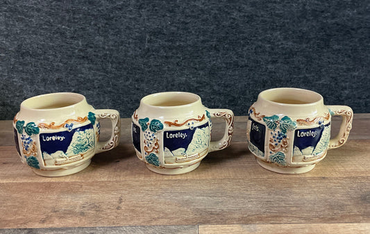 Vintage German Ceramic Mugs Set of 3 Loreley & Drachenfels Souvenir Steins