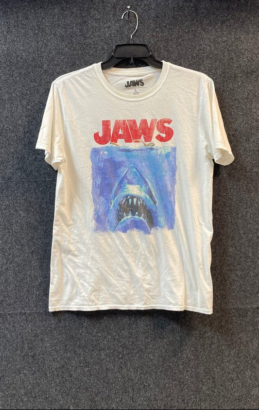 Jaws Men's Movie Graphic T-Shirt White Classic Poster Short Sleeve Size L