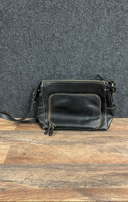 Giani Bernini Black Leather Multi Pocket Crossbody Bag Gold Tone Hardware