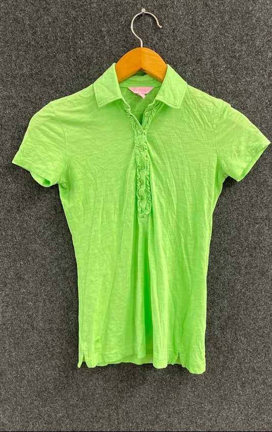 Lilly Pulitzer Women's Lime Green Waverly Ruffle Pima Cotton Polo Shirt Sz XS