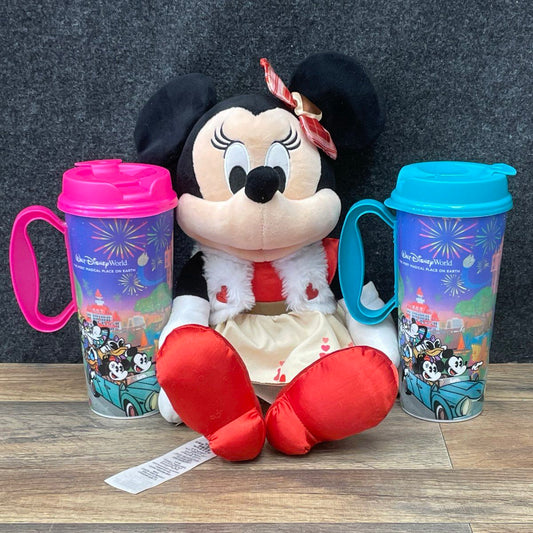 Disney Minnie Mouse Plush + 2 Walt Disney World Resort Travel Mugs Lot of 3