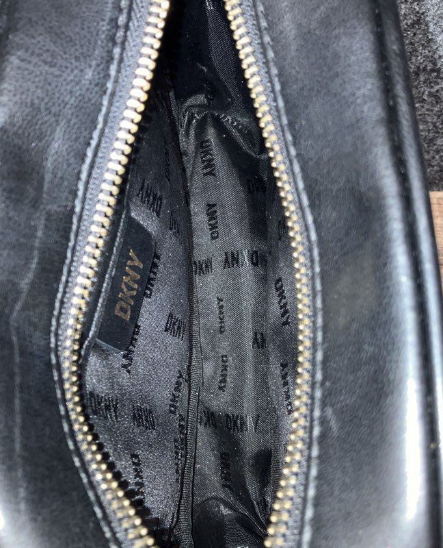 DKNY Black Logo Embossed Crossbody Camera Bag Small Gold Hardware