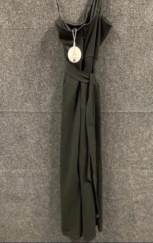 Anrabess Women's Jumpsuit Black One Shoulder Tie Waist Wide Leg Formal NWT Sz L