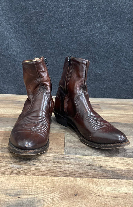 Vintage 90s Brown Leather Side Zip Western Boots Vibram Heel Size 8.5 D