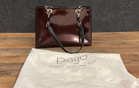 Vintage Beijo Burgundy Plum Metallic Patent Satchel Bag with Dust Cover
