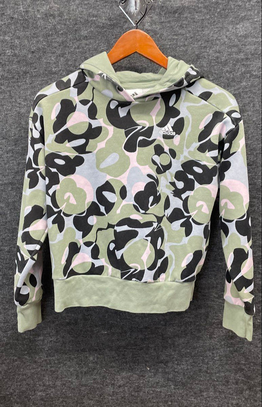Adidas Girls' Green Multicolor Abstract Floral Print Loose Fit Hoodie Sz M 10/12
