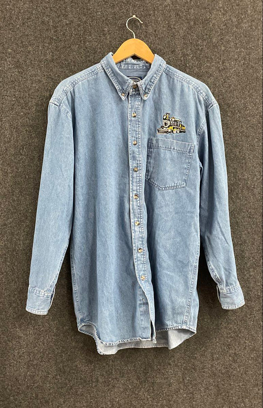 Vintage 90s Rivers End Men's Light Wash Embroidered Train Jean Shirt Sz L