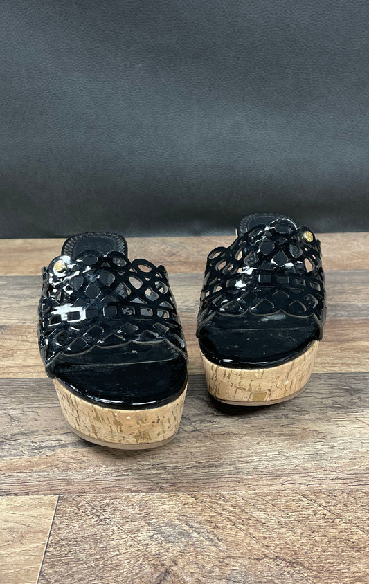 Tory Burch Chandler Black Patent Laser Cut Wedge Slide Sandal Size 7.5