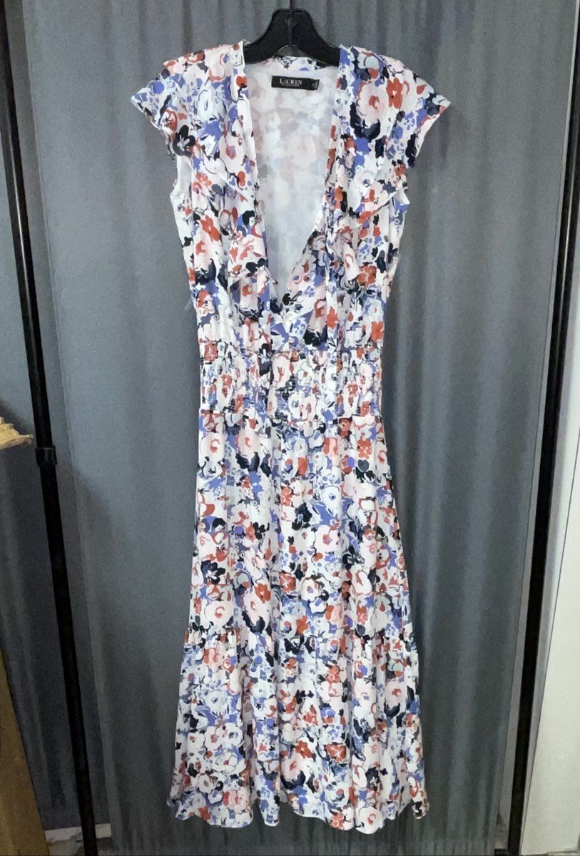 Women's Lauren Ralph Lauren White/Orange/Blue Short Sleeve Dress - Size 2