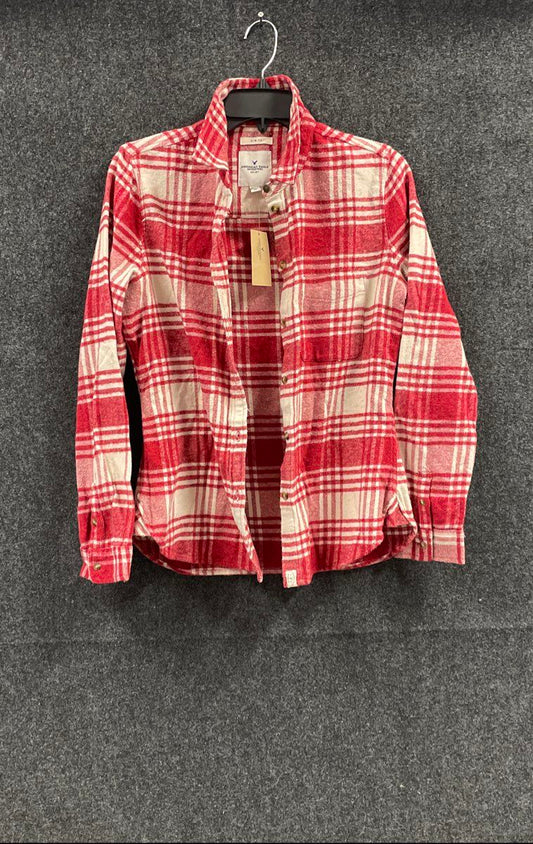 American Eagle Women's Red Cream Plaid Flannel Slim Fit Shirt Size M NWT