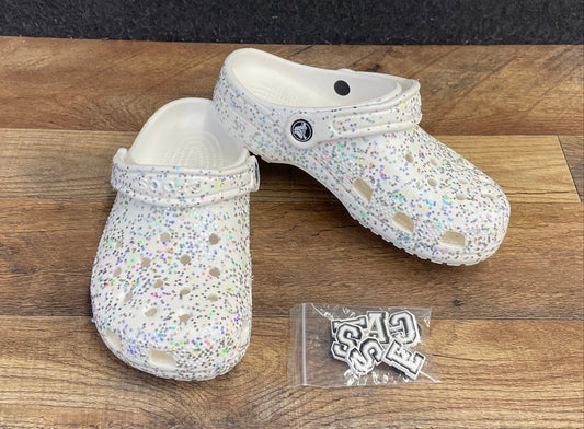Crocs Classic Star Glitter White Iridescent Clog Youth Junior Size J3