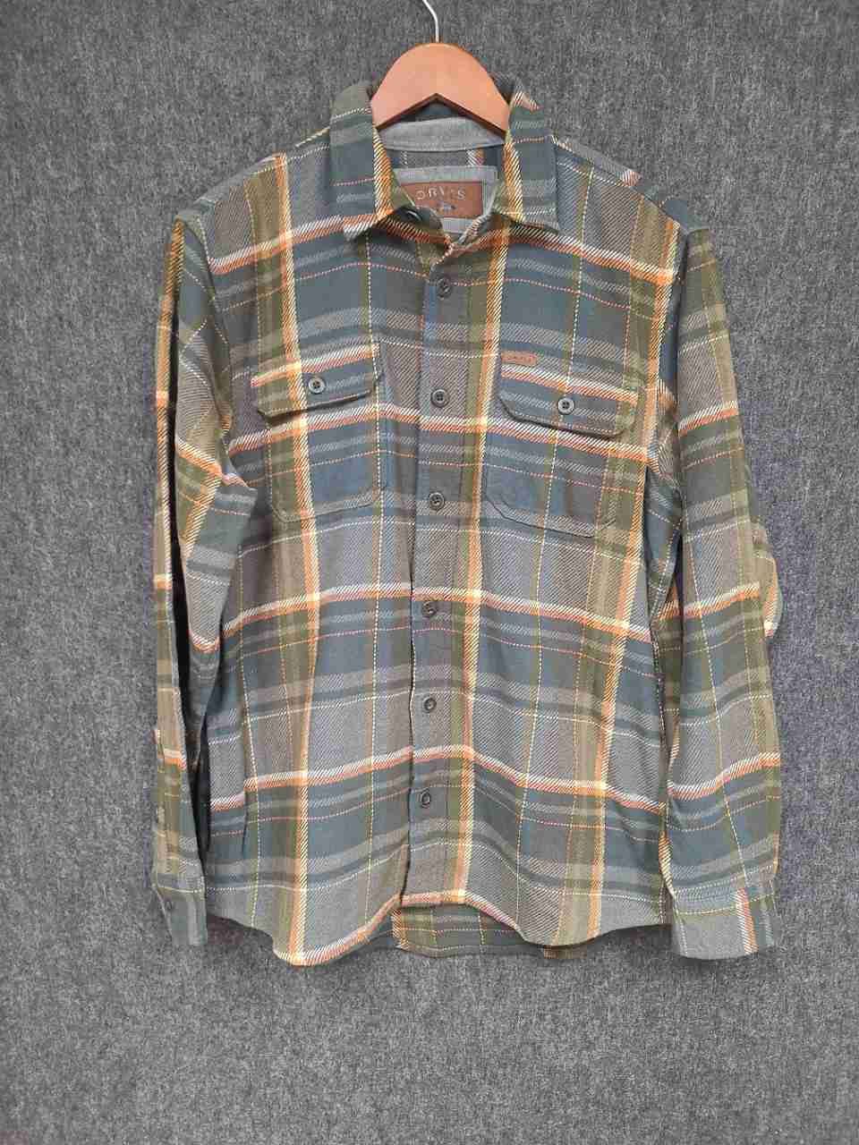 Orvis Men's Flannel Shirt Green Gray Orange Plaid Long Sleeve Heavy Cotton Sz S