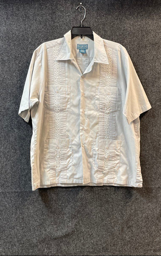 TropiCool Men's Grey Embroidered 4-Pocket Guayabera Short Sleeve Shirt Sz L