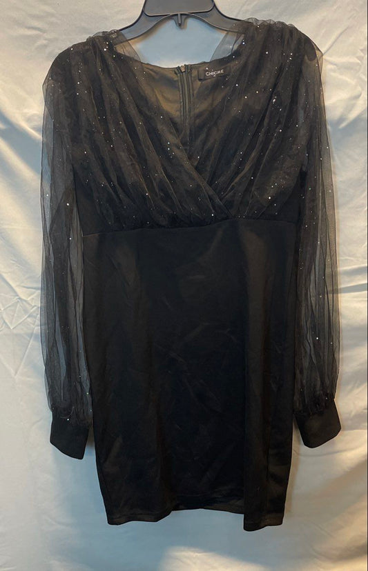 Chicme Women's Black Sheer Long Sleeve Glitter V-Neck Bodycon Mini Dress XL