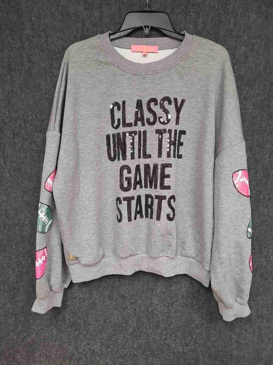 Simply Southern Women's Gray Sequin Classy Until The Game Starts Sweatshirt XL