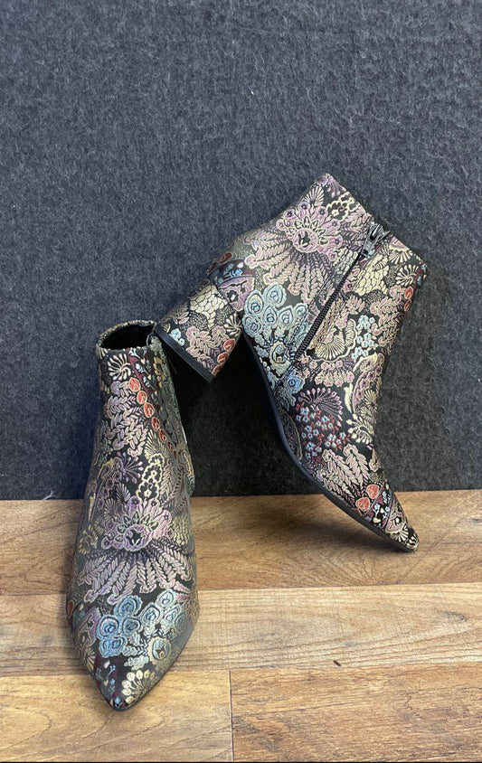 Alex Marie Metallic Floral Brocade Pointed Toe Ankle Boots Size 6.5M