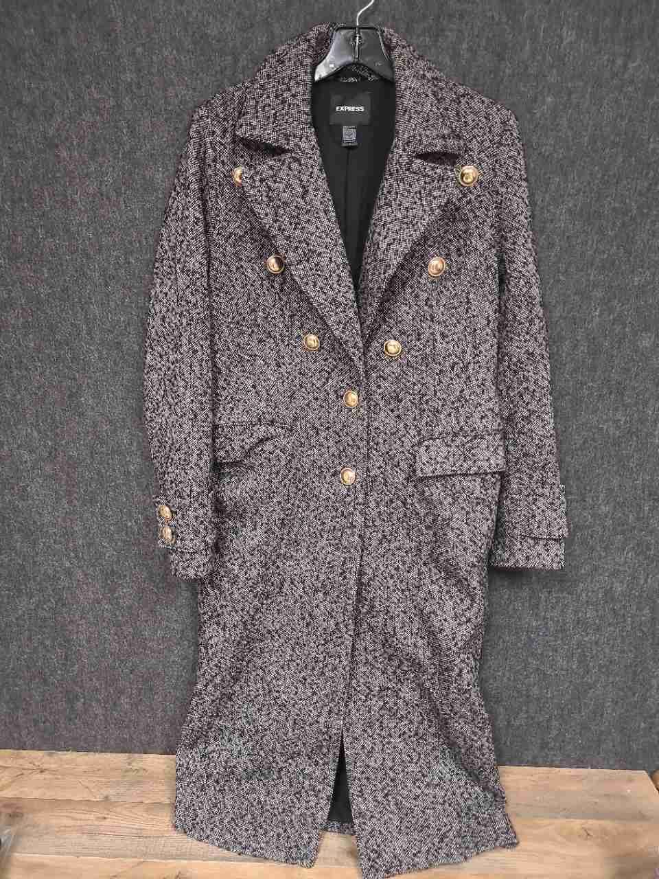 Express Women's Tweed Long Coat Double Breasted Gold Buttons Recycled Wool Sz M