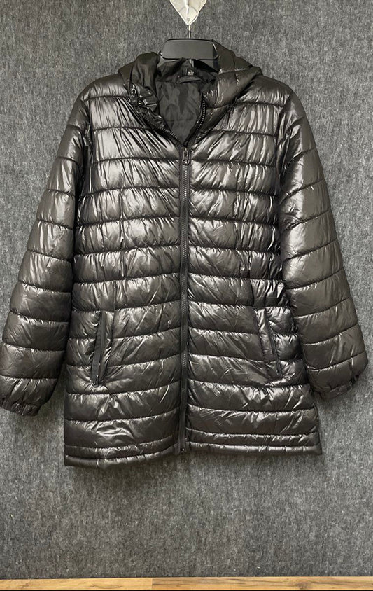Swiss Tech Women's Black Glossy Hooded Puffer Jacket Insulated Zip Sz L 12-14