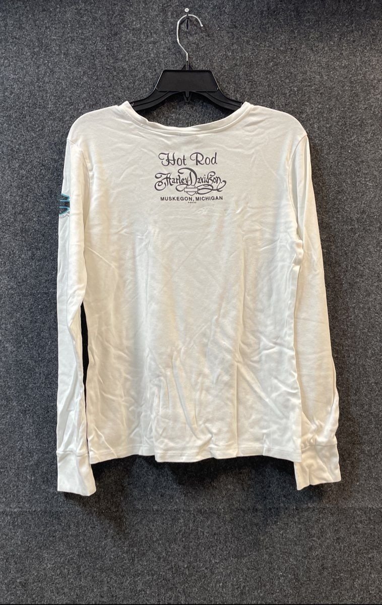 Harley-Davidson Muskegon MI Hot Rod Long Sleeve White Graphic T-Shirt USA Sz L