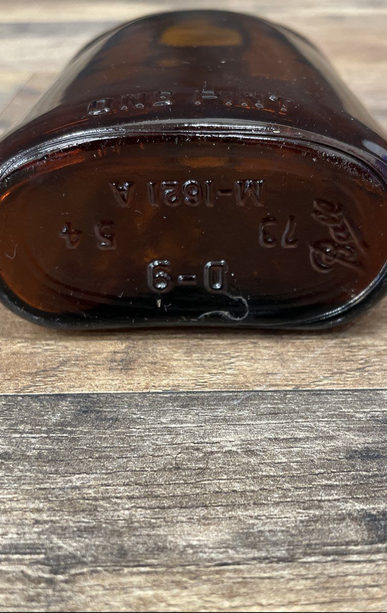 Vintage 1954 Owens-Illinois Whiskey Flask Amber Glass Bottle Federal Law Pint