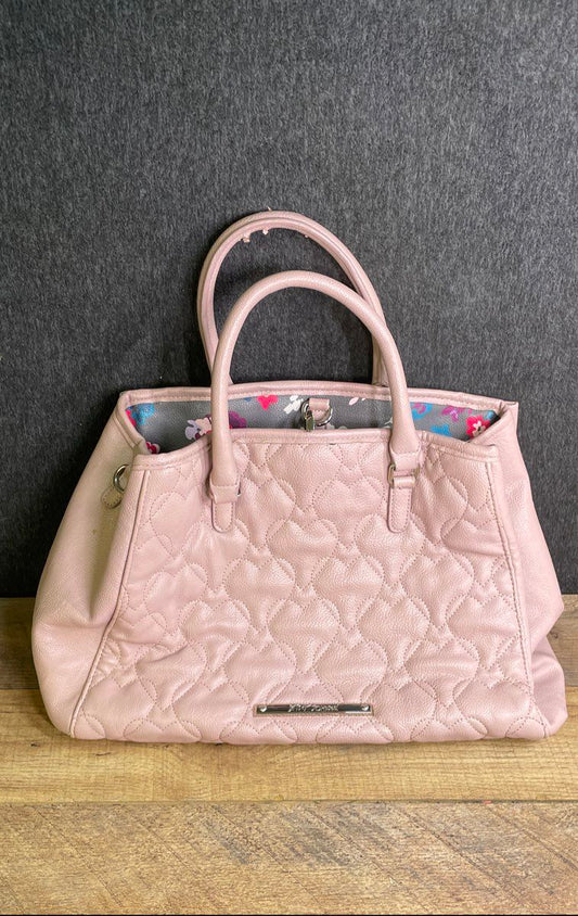 Betsey Johnson Pink Quilted Heart Faux Leather Bow Satchel Tote Bag Heart Lock