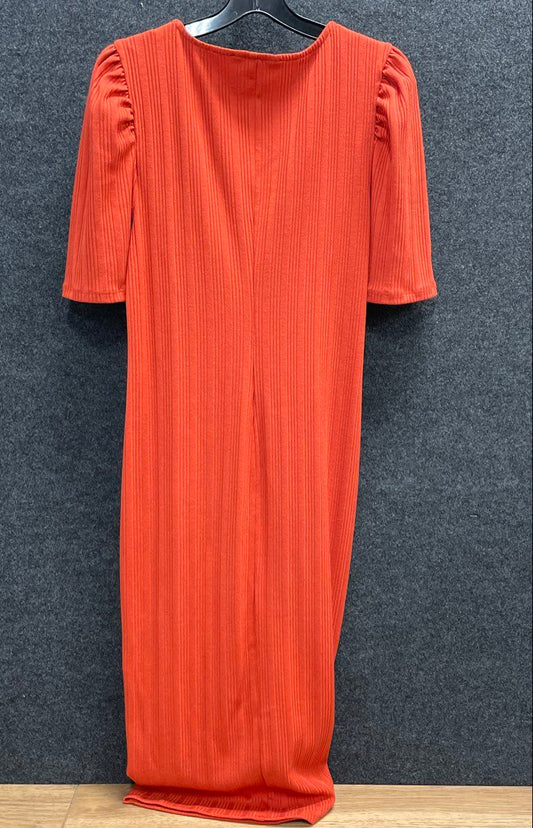 Nine West Women's Burnt Orange Ribbed Knit Midi Dress Puff Sleeve NWT XL