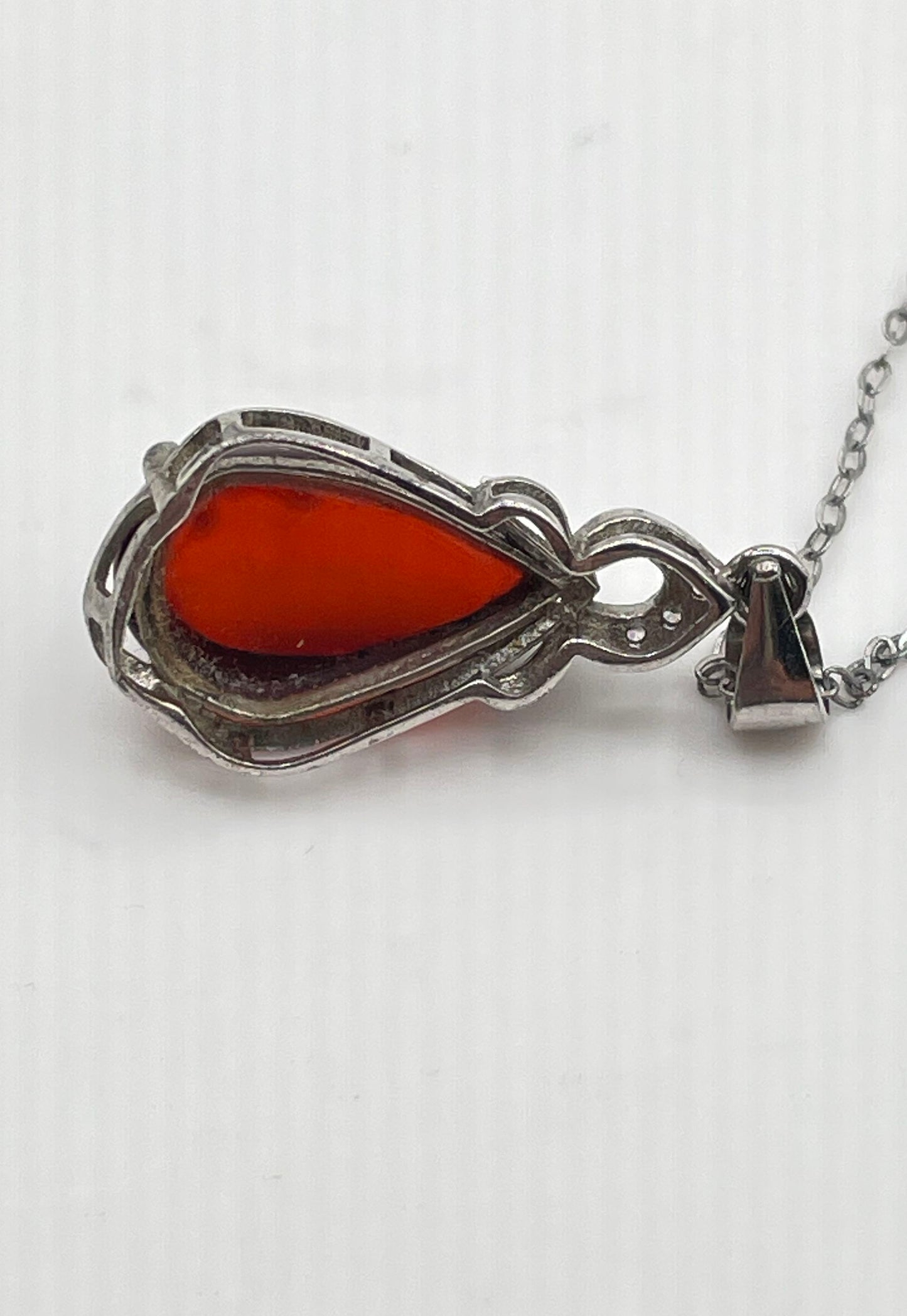 925 Sterling Silver Teardrop Amber W/ CZ Accents Pendant Necklace 2.1g
