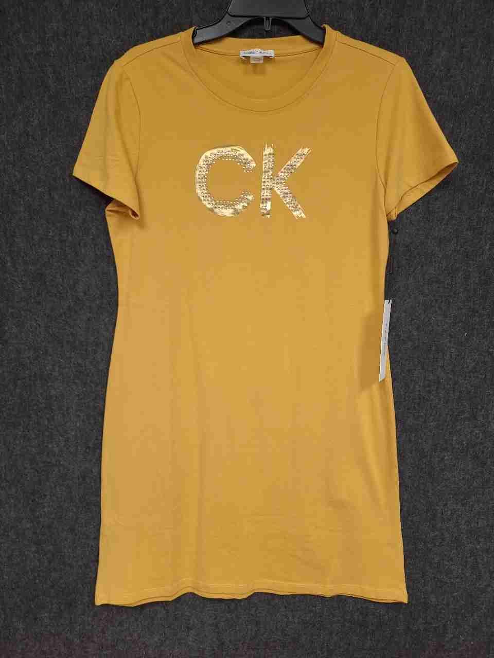 Calvin Klein Women's Ochre Yellow Studded CK Logo T-Shirt Dress NWT Sz S
