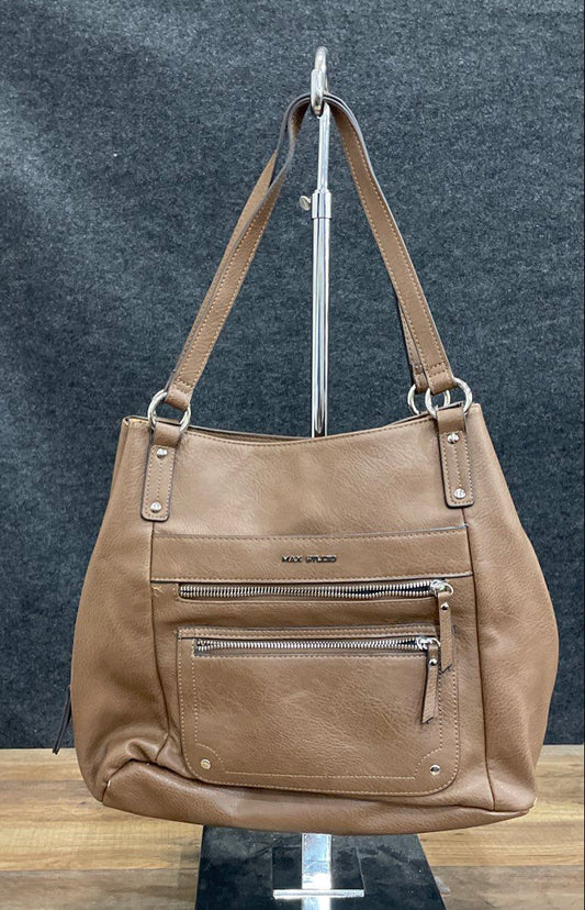 Max Studio Brown Pebbled Faux Leather Multi-Pocket Shoulder Bag Silver Hardware