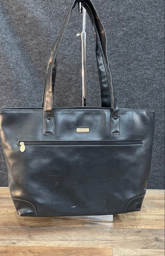 Liz Claiborne Black Faux Leather Large Tote Bag Gold Tone Hardware
