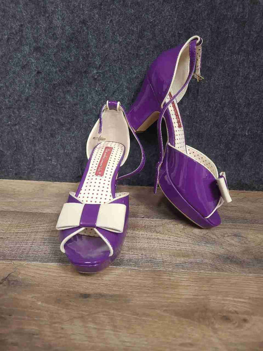 But Another Innocent Tale Purple White Peep Toe Platform Bow Heels Size 7.5
