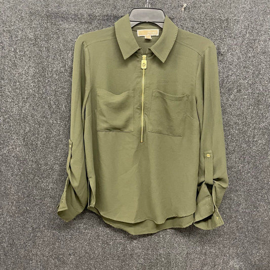 Michael Kors Women's Olive Green Crepe Half Zip Roll Tab Sleeve Blouse Size S