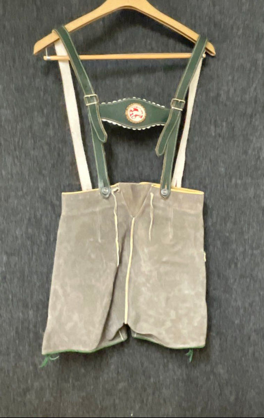 Vintage Authentic Boys Gray Suede Lederhosen with Green Trim Suspenders Sz 12