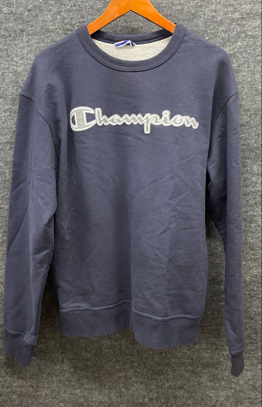 Champion Men's Navy Blue Embroidered Logo Crewneck Sweatshirt Fleece Lined Sz L