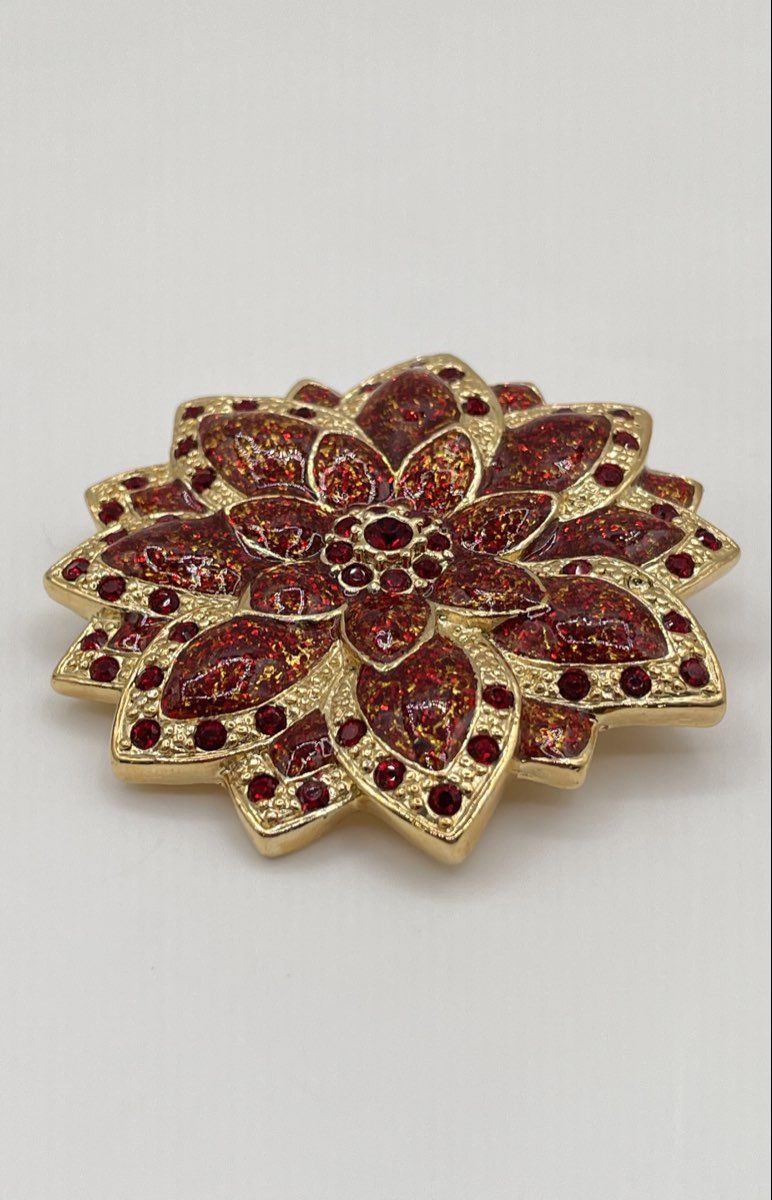 Roman Gold-Tone Red Rhinestone Glitter Enamel Poinsettia Flower Brooch Pin 22.7g