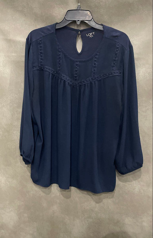 LOFT Outlet Women's Navy Blue Mixed Media Blouse Embroidered Trim Keyhole Sz L