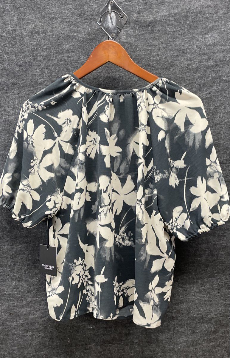 Simply Vera Wang Women's Grey White Floral Puff Sleeve Blouse Sz PM NWT