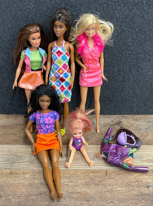 Mattel Barbie Doll Lot of 5 Modern Dolls with Chelsea & Mixed Fashion Clothes