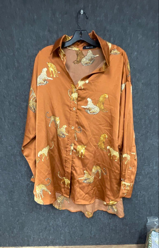 fab'rik Women's Button Down Shirt Rust Orange Satin Leopard Animal Print Sz L