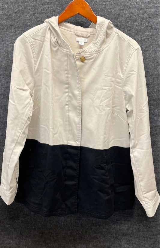 J. Jill Women's White Black Colorblock Full Button Hooded Jacket Sz M