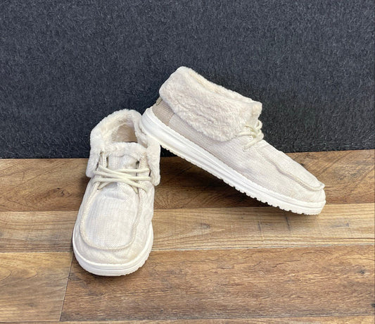 Hey Dude Britt Herringbone Cream Faux Fur Lined Slip On Booties Women's Size 6