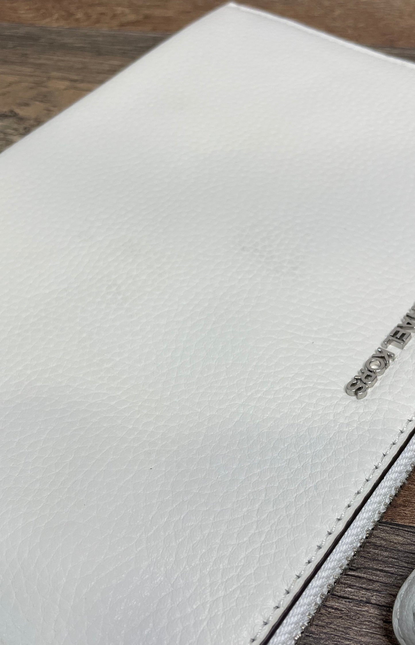 Michael Kors White Pebbled Leather Large Flat Wristlet Pouch Silver Hardware